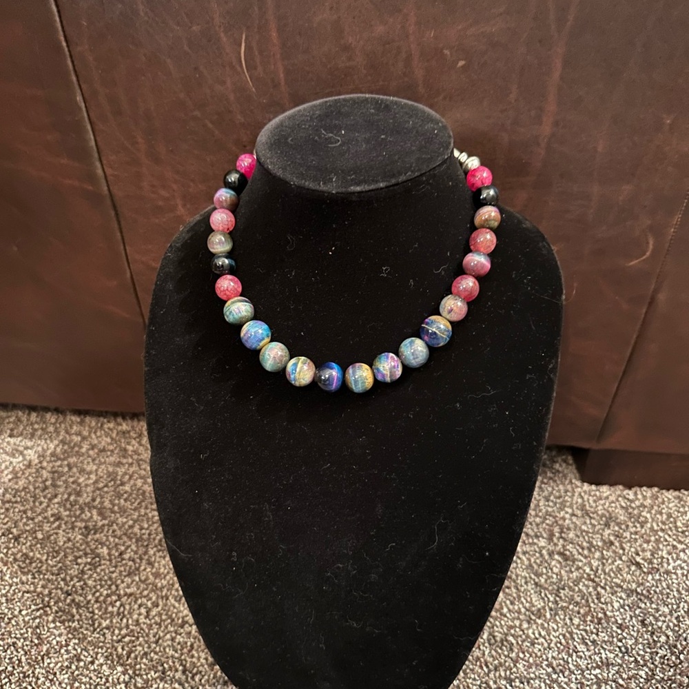 Hand Crafted GalaxyTiger Eye, Blue Tiger Eye, Agate & Sterling Silver Necklace